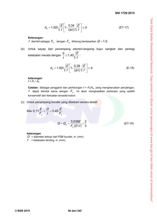 “HakCiptaBadanStandardisasiNasional,Copystandarinidibuatuntukpenayangandiwww.bsn.go.iddantidakuntukdikomersialkan”
SNI 1729:2015
© BSN 2015 46 dari 242
  b
f
E
tbf
E
tbe






 /
0 , 3 4
-11 , 9 2
(E7-17)
Keterangan:
f diambil sebagai crF dengan crF dihitung berdasarkan
1 , 0
Q .
(b) Untuk sayap dari penampang elemen-langsing bujur sangkar dan persegi
ketebalan merata dengan
f
E
t
b 1 , 4 0
 :
  b
f
E
tbf
E
tbe






 /
0 , 3 8
-11 , 9 2
(E-18)
keterangan
f = Pn / Ae
Catatan: Sebagai pengganti dari perhitungan f = Pn/Ae, yang mengharuskan perulangan,
f dapat diambil sama dengan yF . Ini akan menghasilkan perkiraan yang sedikit
konservatif dari kekuatan tersedia kolom.
(c) Untuk penampang bundar yang dibebani secara aksial:
Bila
yy F
E
t
D
F
E 0 , 4 50 , 1 1

 
3
2
/
0 , 0 3 8

tDF
E
QQ
y
a
(E7-19)
keterangan
D = diameter terluar dari PSB bundar, in. (mm)
t = ketebalan dinding, in. (mm)
 