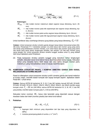 “HakCiptaBadanStandardisasiNasional,Copystandarinidibuatuntukpenayangandiwww.bsn.go.iddantidakuntukdikomersialkan”
SNI 1729:2015
© BSN 2015 50 dari 242
CBAm a ks
m a ks
b
MMMM
M
C 3432 , 5
1 2 , 5

 (F1-1)
Keterangan:
m a ksM = nilai mutlak momen maksimum dalam segmen tanpa dibreising, kip-in. (N-
mm)
AM = nilai mutlak momen pada titik seperempat dari segmen tanpa dibreising, kip-
in. (N-mm)
BM = nilai mutlak momen pada sumbu segmen tanpa dibreising, kip-in. (N-mm)
CM = nilai mutlak momen pada titik tiga-perempat segmen tanpa dibreising, kip-in.
(N-mm)
Untuk kantilever atau overhangs dimana ujung bebas yang tanpa dibreising,
1 , 0
bC
Catatan: Untuk komponen struktur simetris ganda dengan tanpa beban transversal antara titik-
titik breis, Persamaan F1-1 mereduksi sampai 1,0 untuk kasus dari momen ujung yang sama
dari tanda yang berlawanan (momen merata), 2,27 untuk kasus dari momen ujung yang sama
dari tanda yang sama (lentur lengkungan terbalik), dan sampai 1,67 bila satu momen ujung
sama dengan nol. Untuk komponen struktur simetris tunggal, analisis untuk Cb yang didetail
lebih lanjut dijelaskan pada Penjelasan.
(4) Pada komponen struktur simetris tunggal yang menahan lentur lengkungan
terbalik, kekuatan tekuk torsi-lateral harus diperiksa untuk kedua sayap. Kekuatan
lentur yang tersedia harus lebih besar dari atau sama dengan momen perlu
maksimum yang menyebabkan tekan di sayap diperhitungkan.
F2. KOMPONEN STRUKTUR PROFIL I KOMPAK SIMETRIS GANDA DAN KANAL
MELENGKUNG DI SUMBU MAJOR
Pasal ini diterapkan untuk komponen struktur profil I simetris ganda dan kanal melentur
di sumbu major, memiliki badan kompak dan sayap kompak seperti dijelaskan dalam
Pasal B4.1 untuk lentur.
Catatan: Semua ASTM A6 berbentuk W, S, M, C dan MC berlaku kecuali W21x48, W14x99,
W14x90, W12x65, W10x12, W8x31, W8x10, W6x15, W6x9, W6x8,5, dan M4x6 memiliki sayap
kompak untuk
5 0
yF ksi (345 MPa); semua ASTM A6 berbentuk W, S, M, HP, C dan MC
yang berlaku memiliki badan kompak pada Fy ≤ 65 ksi (450 MPa).
Kekuatan lentur nominal, nM , harus nilai terendah yang diperoleh sesuai dengan
keadaan batas dari leleh (momen plastis) dan tekuk torsi-lateral.
1. Pelelehan
xypn ZFMM  (F2-1)
keterangan
yF = tegangan leleh minimum yang disyaratkan dari tipe baja yang digunakan, ksi
(MPa)
xZ = modulus penampang plastis di sumbu x, in.3
(mm3
)
 