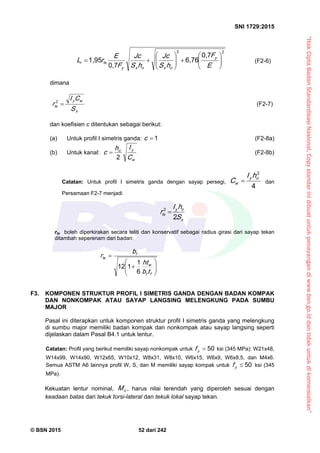 “HakCiptaBadanStandardisasiNasional,Copystandarinidibuatuntukpenayangandiwww.bsn.go.iddantidakuntukdikomersialkan”
SNI 1729:2015
© BSN 2015 52 dari 242
22 0 , 7
6 , 7 6
0 , 7
1 , 9 5













E
F
hS
Jc
hS
Jc
F
E
rL y
oxoxy
tsr (F2-6)
dimana
x
wy
ts
S
CI
r 
2
(F2-7)
dan koefisien c ditentukan sebagai berikut:
(a) Untuk profil I simetris ganda:
1
c (F2-8a)
(b) Untuk kanal:
w
yo
C
Ih
c 2 (F2-8b)
Catatan: Untuk profil I simetris ganda dengan sayap persegi, 4
2
oy
w
hI
C  dan
Persamaan F2-7 menjadi
x
oy
ts
S
hI
r 2
2

rts boleh diperkirakan secara teliti dan konservatif sebagai radius girasi dari sayap tekan
ditambah seperenam dari badan:








ff
w
f
ts
tb
ht
b
r
6
1
11 2
F3. KOMPONEN STRUKTUR PROFIL I SIMETRIS GANDA DENGAN BADAN KOMPAK
DAN NONKOMPAK ATAU SAYAP LANGSING MELENGKUNG PADA SUMBU
MAJOR
Pasal ini diterapkan untuk komponen struktur profil I simetris ganda yang melengkung
di sumbu major memiliki badan kompak dan nonkompak atau sayap langsing seperti
dijelaskan dalam Pasal B4.1 untuk lentur.
Catatan: Profil yang berikut memiliki sayap nonkompak untuk
5 0
yf ksi (345 MPa): W21x48,
W14x99, W14x90, W12x65, W10x12, W8x31, W8x10, W6x15, W6x9, W6x8,5, dan M4x6.
Semua ASTM A6 lainnya profil W, S, dan M memiliki sayap kompak untuk
5 0
yf ksi (345
MPa).
Kekuatan lentur nominal, nM , harus nilai terendah yang diperoleh sesuai dengan
keadaan batas dari tekuk torsi-lateral dan tekuk lokal sayap tekan.
 