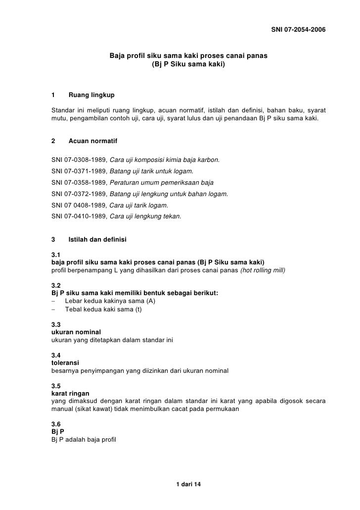 Sni 07 2054 2006 Baja Profil Siku Sama Kaki Proses Canai Panas