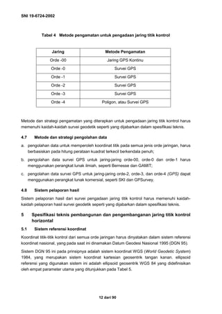 SNI 19-6724-2002
12 dari 90
Tabel 4 Metode pengamatan untuk pengadaan jaring titik kontrol
Jaring Metode Pengamatan
Orde -00 Jaring GPS Kontinu
Orde -0 Survei GPS
Orde -1 Survei GPS
Orde -2 Survei GPS
Orde -3 Survei GPS
Orde -4 Poligon, atau Survei GPS
Metode dan strategi pengamatan yang diterapkan untuk pengadaan jaring titik kontrol harus
memenuhi kaidah-kaidah survei geodetik seperti yang dijabarkan dalam spesifikasi teknis.
4.7 Metode dan strategi pengolahan data
a. pengolahan data untuk memperoleh koordinat titik pada semua jenis orde jaringan, harus
berbasiskan pada hitung perataan kuadrat terkecil berkendala penuh;
b. pengolahan data survei GPS untuk jaring-jaring orde-00, orde-0 dan orde-1 harus
menggunakan perangkat lunak ilmiah, seperti Bernesse dan GAMIT;
c. pengolahan data survei GPS untuk jaring-jaring orde-2, orde-3, dan orde-4 (GPS) dapat
menggunakan perangkat lunak komersial, seperti SKI dan GPSurvey.
4.8 Sistem pelaporan hasil
Sistem pelaporan hasil dari survei pengadaan jaring titik kontrol harus memenuhi kaidah-
kaidah pelaporan hasil survei geodetik seperti yang dijabarkan dalam spesifikasi teknis.
5 Spesifikasi teknis pembangunan dan pengembanganan jaring titik kontrol
horizontal
5.1 Sistem referensi koordinat
Koordinat titik-titik kontrol dari semua orde jaringan harus dinyatakan dalam sistem referensi
koordinat nasional, yang pada saat ini dinamakan Datum Geodesi Nasional 1995 (DGN 95).
Sistem DGN 95 ini pada prinsipnya adalah sistem koordinat WGS (World Geodetic System)
1984, yang merupakan sistem koordinat kartesian geosentrik tangan kanan. ellipsoid
referensi yang digunakan sistem ini adalah ellipsoid geosentrik WGS 84 yang didefinisikan
oleh empat parameter utama yang ditunjukkan pada Tabel 5.
 