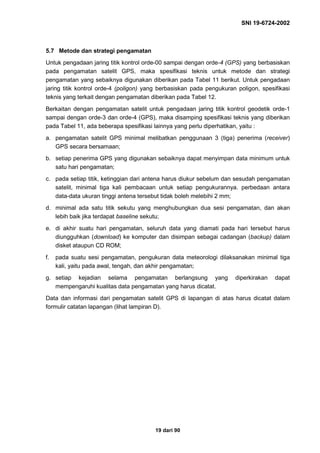 SNI 19-6724-2002
19 dari 90
5.7 Metode dan strategi pengamatan
Untuk pengadaan jaring titik kontrol orde-00 sampai dengan orde-4 (GPS) yang berbasiskan
pada pengamatan satelit GPS, maka spesifikasi teknis untuk metode dan strategi
pengamatan yang sebaiknya digunakan diberikan pada Tabel 11 berikut. Untuk pengadaan
jaring titik kontrol orde-4 (poligon) yang berbasiskan pada pengukuran poligon, spesifikasi
teknis yang terkait dengan pengamatan diberikan pada Tabel 12.
Berkaitan dengan pengamatan satelit untuk pengadaan jaring titik kontrol geodetik orde-1
sampai dengan orde-3 dan orde-4 (GPS), maka disamping spesifikasi teknis yang diberikan
pada Tabel 11, ada beberapa spesifikasi lainnya yang perlu diperhatikan, yaitu :
a. pengamatan satelit GPS minimal melibatkan penggunaan 3 (tiga) penerima (receiver)
GPS secara bersamaan;
b. setiap penerima GPS yang digunakan sebaiknya dapat menyimpan data minimum untuk
satu hari pengamatan;
c. pada setiap titik, ketinggian dari antena harus diukur sebelum dan sesudah pengamatan
satelit, minimal tiga kali pembacaan untuk setiap pengukurannya. perbedaan antara
data-data ukuran tinggi antena tersebut tidak boleh melebihi 2 mm;
d. minimal ada satu titik sekutu yang menghubungkan dua sesi pengamatan, dan akan
lebih baik jika terdapat baseline sekutu;
e. di akhir suatu hari pengamatan, seluruh data yang diamati pada hari tersebut harus
diungguhkan (download) ke komputer dan disimpan sebagai cadangan (backup) dalam
disket ataupun CD ROM;
f. pada suatu sesi pengamatan, pengukuran data meteorologi dilaksanakan minimal tiga
kali, yaitu pada awal, tengah, dan akhir pengamatan;
g. setiap kejadian selama pengamatan berlangsung yang diperkirakan dapat
mempengaruhi kualitas data pengamatan yang harus dicatat.
Data dan informasi dari pengamatan satelit GPS di lapangan di atas harus dicatat dalam
formulir catatan lapangan (lihat lampiran D).
 