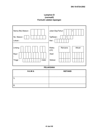 SNI 19-6724-2002
41 dari 90
Lampiran D
(normatif)
Formulir catatan lapangan
Nama (file) Stasiun : Julian Day/Tahun
:
/
No. Stasiun : Tgl/Bulan : /
Lokasi : Hari :
Lintang : Waktu
UTC
Rencana Aktual
Bujur
:
Awal : :
Tinggi : . meter Selesai : :
PELAKSANA
N A M A INSTANSI
1.
2.
 