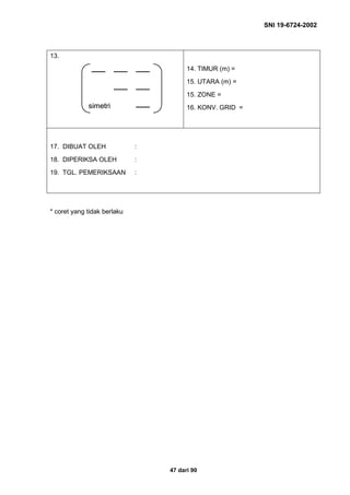 SNI 19-6724-2002
47 dari 90
13.
14. TIMUR (m) =
15. UTARA (m) =
15. ZONE =
16. KONV. GRID =
17. DIBUAT OLEH :
18. DIPERIKSA OLEH :
19. TGL. PEMERIKSAAN :
* coret yang tidak berlaku
simetrisimetri
 