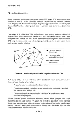 SNI 19-6724-2002
50 dari 90
F.2 Karakteristik survei GPS
Survei penentuan posisi dengan pengamatan satelit GPS (survei GPS) secara umum dapat
didefinisikan sebagai proses penentuan koordinat dari sejumlah titik terhadap beberapa
buah titik yang telah diketahui koordinatnya, dengan menggunakan metode penentuan posisi
diferensial (differential positioning) serta data pengamatan fase (carrier phase) dari sinyal
GPS.
Pada survei GPS, pengamatan GPS dengan selang waktu tertentu dilakukan baseline per
baseline dalam suatu jaringan dari titik-titik yang akan ditentukan posisinya, seperti yang
ditunjukkan pada Gambar 6.3. Patut dicatat di sini bahwa seandainya lebih dari dua receiver
GPS yang digunakan, maka pada satu sesi pengamatan (observing session) dapat diamati
lebih dari satu baseline sekaligus.
Gambar F.3 Penentuan posisi titik-titik dengan metode survei GPS
Pada survei GPS, proses penentuan koordinat dari titik-titik dalam suatu jaringan pada
dasarnya terdiri atas tiga tahap, yaitu :
• Pengolahan data dari setiap baseline dalam jaringan,
• Perataan jaringan yang melibatkan semua baseline untuk menentukan koordinat
dari titik-titik dalam jaringan, dan
• Transformasi koordinat titik-titik tersebut dari datum WGS84 ke datum yang
diperlukan oleh pengguna.
Secara skematik proses perhitungan koordinat titik-titik dalam jaringan GPS dapat
ditunjukkan seperti pada Gambar F.4. Dalam hal ini metode penentuan posisi diferensial
dengan data fase digunakan untuk menentukan vektor (dX,dY,dZ) dari setiap baseline yang
diamati. Penentuan vektor baseline ini umumnya dilakukan dengan metode hitung perataan
kuadrat terkecil (least squares adjustment).
Titik ikat berorde
lebih tinggi
Titik yang akan
ditentukan posisinya
Vektor baseline
yang diamati
Titik ikat berorde
lebih tinggi
Titik yang akan
ditentukan posisinya
Vektor baseline
yang diamati
 