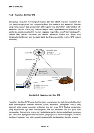 SNI 19-6724-2002
56 dari 90
F.5.2 Kesalahan dan Bias GPS
Selanjutnya yang akan mempengaruhi kualitas dari data adalah level dari kesalahan dan
bias yang mempengaruhi data pengamatan fase. Ada beberapa jenis kesalahan dan bias
yang mempengaruhi data pengamatan GPS seperti yang ditunjukkan pada Gambar 6.9.
Kesalahan dan bias ini ada yang berkaitan dengan satelit (seperti kesalahan ephemeris, jam
satelit, dan selective availability), medium propagasi (seperti bias ionosfir dan bias troposfir),
receiver GPS (seperti kesalahan jam receiver, kesalahan antena, dan noise), data
pengamatan (ambiguitas fase dan cycle slips), dan lingkungan sekitar receiver GPS (seperti
multipath).
Gambar F.9 Kesalahan dan Bias GPS
Kesalahan dan bias GPS harus diperhitungkan secara benar dan baik, karena hal tersebut
akan mempengaruhi ketelitian informasi (posisi, kecepatan, percepatan, waktu) yang
diperoleh serta proses penentuan ambiguitas fase dari sinyal GPS. Strategi pengamatan
yang diaplikasikan juga akan mempengaruhi efek dari kesalahan dan bias pada data
pengamatan. Disamping itu struktur dan tingkat kecanggihan dari perangkat lunak pemroses
data GPS akan dipengaruhi oleh mekanisme yang digunakan dalam menangani kesalahan
dan bias. Penjelasan yang lebih mendetil mengenai efek dari kesalahan dan bias tersebut.
4
?Ambiguitas fase
Satelit GPS
Pengamat
Multipath
• Kesalahan orbit
(ephemeris)
• Kesalahan jam satelit
• Kesalahan jam receiver
• Kesalahan antena
• Derau receiver
• Bias Ionosfir
• Bias Troposfir
 