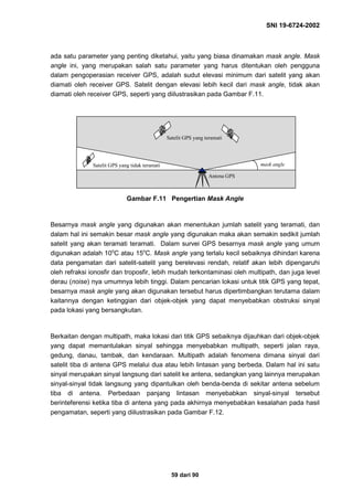 SNI 19-6724-2002
59 dari 90
ada satu parameter yang penting diketahui, yaitu yang biasa dinamakan mask angle. Mask
angle ini, yang merupakan salah satu parameter yang harus ditentukan oleh pengguna
dalam pengoperasian receiver GPS, adalah sudut elevasi minimum dari satelit yang akan
diamati oleh receiver GPS. Satelit dengan elevasi lebih kecil dari mask angle, tidak akan
diamati oleh receiver GPS, seperti yang diilustrasikan pada Gambar F.11.
Gambar F.11 Pengertian Mask Angle
Besarnya mask angle yang digunakan akan menentukan jumlah satelit yang teramati, dan
dalam hal ini semakin besar mask angle yang digunakan maka akan semakin sedikit jumlah
satelit yang akan teramati teramati. Dalam survei GPS besarnya mask angle yang umum
digunakan adalah 10o
C atau 15o
C. Mask angle yang terlalu kecil sebaiknya dihindari karena
data pengamatan dari satelit-satelit yang berelevasi rendah, relatif akan lebih dipengaruhi
oleh refraksi ionosfir dan troposfir, lebih mudah terkontaminasi oleh multipath, dan juga level
derau (noise) nya umumnya lebih tinggi. Dalam pencarian lokasi untuk titik GPS yang tepat,
besarnya mask angle yang akan digunakan tersebut harus dipertimbangkan terutama dalam
kaitannya dengan ketinggian dari objek-objek yang dapat menyebabkan obstruksi sinyal
pada lokasi yang bersangkutan.
Berkaitan dengan multipath, maka lokasi dari titik GPS sebaiknya dijauhkan dari objek-objek
yang dapat memantulakan sinyal sehingga menyebabkan multipath, seperti jalan raya,
gedung, danau, tambak, dan kendaraan. Multipath adalah fenomena dimana sinyal dari
satelit tiba di antena GPS melalui dua atau lebih lintasan yang berbeda. Dalam hal ini satu
sinyal merupakan sinyal langsung dari satelit ke antena, sedangkan yang lainnya merupakan
sinyal-sinyal tidak langsung yang dipantulkan oleh benda-benda di sekitar antena sebelum
tiba di antena. Perbedaan panjang lintasan menyebabkan sinyal-sinyal tersebut
berinteferensi ketika tiba di antena yang pada akhirnya menyebabkan kesalahan pada hasil
pengamatan, seperti yang diilustrasikan pada Gambar F.12.
mask angle
Satelit GPS yang teramati
Satelit GPS yang tidak teramati
Antena GPS
 