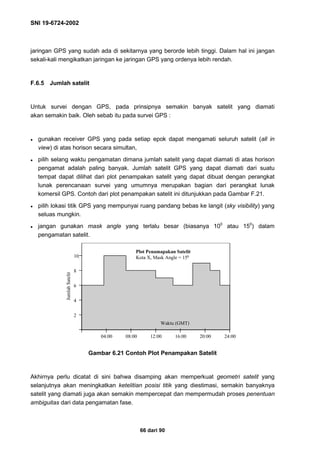 SNI 19-6724-2002
66 dari 90
jaringan GPS yang sudah ada di sekitarnya yang berorde lebih tinggi. Dalam hal ini jangan
sekali-kali mengikatkan jaringan ke jaringan GPS yang ordenya lebih rendah.
F.6.5 Jumlah satelit
Untuk survei dengan GPS, pada prinsipnya semakin banyak satelit yang diamati
akan semakin baik. Oleh sebab itu pada survei GPS :
● gunakan receiver GPS yang pada setiap epok dapat mengamati seluruh satelit (all in
view) di atas horison secara simultan,
● pilih selang waktu pengamatan dimana jumlah satelit yang dapat diamati di atas horison
pengamat adalah paling banyak. Jumlah satelit GPS yang dapat diamati dari suatu
tempat dapat dilihat dari plot penampakan satelit yang dapat dibuat dengan perangkat
lunak perencanaan survei yang umumnya merupakan bagian dari perangkat lunak
komersil GPS. Contoh dari plot penampakan satelit ini ditunjukkan pada Gambar F.21.
● pilih lokasi titik GPS yang mempunyai ruang pandang bebas ke langit (sky visibility) yang
seluas mungkin.
● jangan gunakan mask angle yang terlalu besar (biasanya 100
atau 150
) dalam
pengamatan satelit.
Gambar 6.21 Contoh Plot Penampakan Satelit
Akhirnya perlu dicatat di sini bahwa disamping akan memperkuat geometri satelit yang
selanjutnya akan meningkatkan ketelitian posisi titik yang diestimasi, semakin banyaknya
satelit yang diamati juga akan semakin mempercepat dan mempermudah proses penentuan
ambiguitas dari data pengamatan fase.
04:00 08:00 12:00 16:00 20:00 24:00
10
8
6
4
2
Plot Penamapakan Satelit
Kota X, Mask Angle = 150
Waktu (GMT)
JumlahSatelit
 