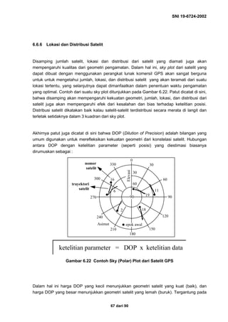 SNI 19-6724-2002
67 dari 90
6.6.6 Lokasi dan Distribusi Satelit
Disamping jumlah satelit, lokasi dan distribusi dari satelit yang diamati juga akan
mempengaruhi kualitas dari geometri pengamatan. Dalam hal ini, sky plot dari satelit yang
dapat dibuat dengan menggunakan perangkat lunak komersil GPS akan sangat berguna
untuk untuk mengetahui jumlah, lokasi, dan distribusi satelit yang akan teramati dari suatu
lokasi tertentu, yang selanjutnya dapat dimanfaatkan dalam penentuan waktu pengamatan
yang optimal. Contoh dari suatu sky plot ditunjukkan pada Gambar 6.22. Patut dicatat di sini,
bahwa disamping akan mempengaruhi kekuatan geometri, jumlah, lokasi, dan distribusi dari
satelit juga akan mempengaruhi efek dari kesalahan dan bias terhadap ketelitian posisi.
Distribusi satelit dikatakan baik kalau satelit-satelit terdistribusi secara merata di langit dan
terletak setidaknya dalam 3 kuadran dari sky plot.
Akhirnya patut juga dicatat di sini bahwa DOP (Dilution of Precision) adalah bilangan yang
umum digunakan untuk merefleksikan kekuatan geometri dari konstelasi satelit. Hubungan
antara DOP dengan ketelitian parameter (seperti posisi) yang diestimasi biasanya
dirumuskan sebagai :
Gambar 6.22 Contoh Sky (Polar) Plot dari Satelit GPS
Dalam hal ini harga DOP yang kecil menunjukkan geometri satelit yang kuat (baik), dan
harga DOP yang besar menunjukkan geometri satelit yang lemah (buruk). Tergantung pada
0
30
60
90
120
150
180
210
240
270
300
330
90
30
60
182
6
16
19
11
Asimut epok awal
Elevasi
trayektori
satelit
nomor
satelit
ketelitian parameter = DOP x ketelitian data
 