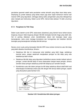 SNI 19-6724-2002
75 dari 90
perubahan geometri satelit serta perubahan variasi atmosfir yang diliput akan tetap sama.
Disamping itu jumlah datanya yang terlalu besar juga akan cepat memenuhi memori dari
receiver GPS yang digunakan, sehingga selang waktu pengamatan yang bisa ditanganinya
akan menjadi jauh berkurang. Dalam survei GPS, interval data sebesar 15 detik umumnya
digunakan.
6.7.3 Pengikatan ke Titik Tetap
Dalam suatu daerah survei GPS, basis-basis (baselines) yang diamati harus terikat secara
langsung maupun tidak langsung dengan titik-titik kerangka berorde tinggi yang telah ada.
Hal ini penting dilakukan untuk mendefinisikan datum dari kerangka dasar yang
bersangkutan, serta untuk menjaga konsistensi dan homogenitas dari ketelitian titik-titik
kerangka yang bersangkutan terhadap titik-titik lainnya.
Secara umum suatu jaring (kerangka) titik-titik GPS harus terikat minimal ke satu titik tetap
yang telah diketahui koordinatnya, dimana :
• Sebaiknya titik ikat ini mempunyai orde ketelitian yang lebih tinggi, setidaknya
berorde sama. Jangan sekali-kali mengikatkan jaringan ke titik tetap yang orde
ketelitiannya lebih rendah.
• Sebaiknya titik-titik tetap yang digunakan terdistribusi secara merata meliputi seluruh
jaringan. Jumlah titik-titik tetap ini harus disesuaikan dengan besar jaringan, dimana
semakin besar jaringan sebaiknya jumlah titik tetapnya pun semakin banyak.
• Konektivitas suatu titik dalam jaringan ke titik tetap sebaiknya dibuat relatif lebih kuat
dibandingkan konektivitas antara satu titik dengan titik lainnya dalam jaringan, seperti
yang ditunjukkan pada Gambar 6.30.
Gambar 6.30 Konektivitas titik dalam jaringan
Konektivitas lebih
kuat = 5 baseline
Konektivitas lebih
lemah = 2 baseline
Titik Tetap
 