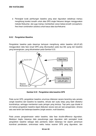 SNI 19-6724-2002
80 dari 90
♦ Perangkat lunak perhitungan baseline yang akan digunakan sebaiknya mampu
menghitung koreksi ionosfir untuk data GPS single frekuensi dengan menggunakan
metode Klobuchar, dan juga mampu memberikan solusi bebas-ionosfir (ionospheric-
free linear combination solution) untuk kasus data dua-frekuensi.
6.8.2 Pengolahan Baseline
Pengolahan baseline pada dasarnya bertujuan menghitung vektor baseline (dX,dY,dZ)
menggunakan data fase sinyal GPS yang dikumpulkan pada dua titik ujung dari baseline
yang bersangkutan, yang diilustrasikan pada Gambar 6.33.
Gambar 6.33 Pengolahan data baseline GPS
Pada survei GPS, pengolahan baseline umumnya dilakukan secara beranting satu persatu
(single baseline) dari baseline ke baseline, dimulai dari suatu tetap yang telah diketahui
koordinatnya, sehingga membentuk suatu jaringan yang tertutup. Tapi perlu juga dicatat di
sini bahwa pengolahan baseline dapat dilakukan secara sesi per sesi pengamatan, dimana
satu sesi terdiri dari beberapa baseline (single session, multi baseline).
Pada proses pengestimasian vektor baseline, data fase double-difference digunakan.
Meskipun begitu biasanya data pseudorange juga digunakan oleh perangkat lunak
pengolahan baseline sebagai data pembantu dalam beberapa hal seperti penentuan
koordinat pendekatan, sinkronisasi waktu kedua receiver GPS yang digunakan, dan
Satelit GPS
dX
dY
dZ
Data Fase
Pengolahan Baseline
Vektor Baseline
(dX,dY,dZ)
Stasion
Referensi
 