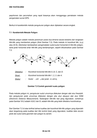 SNI 19-6724-2002
86 dari 90
pepohonan dan perumahan yang rapat biasanya akan mengganggu pemakaian metode
pengamatan survei GPS.
Berikut ini karakteristik metode pengukuran poligon akan dijelaskan secara singkat.
7.1 Karakteristik Metode Poligon
Metode poligon adalah metode penentuan posisi dua dimensi secara terestris dari rangkaian
titik-titik yang membentuk poligon (lihat Gambar 7.2). Pada metode ini koordinat titik, (x,y)
atau (E,N), ditentukan berdasarkan pengamatatan sudut-sudut horizontal di titik-titik poligon,
serta jarak horizontal antar titik-titik yang berdampingan, seperti diilustrasikan pada Gambar
7.2.
Diketahui : Koordinat horizontal titik-titik A, B, C, dan D.
Dicari : Koordinat horizontal titik-titik 1, 2, 3, dan 4.
Diukur : Sudut 1 s/d 6 dan jarak : d1 s/d d5
Gambar 7.2 Contoh geometri suatu poligon
Pada metode poligon ini, pengukuran sudut umumnya dilakukan dengan alat ukur theodolit,
dan pengukuran jarak umumnya dilakukan dengan pita ukur ataupun alat ukur EDM
(Electronic Distance Measurement). Sedangkan titik-titik ikat yang digunakan, contohnya
pada Gambar VII.2 adalah A,B,C dan D, adalah titik-titik yang telah diketahui koordinatnya.
Dari Gambar 7.2 di atas terlihat bahwa kualitas dari koordinat titik-titik poligon yang diperoleh
akan tergantung pada kualitas dari titik kontrol (ikat) yang digunakan, kualitas data ukuran
jarak dan sudut serta geometri dari poligon itu sendiri.
d1 d2
β2
d3 d4
d5
β1
β6
β4
β3
β5
C
D
B
A
1
2
3
4d1 d2
β2
d3 d4
d5
β1
β6
β4
β3
β5
C
D
B
A
1
2
3
4
 