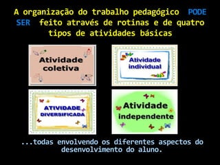 A organização do trabalho pedagógico PODE
SER feito através de rotinas e de quatro
        tipos de atividades básicas




 ...todas envolvendo os diferentes aspectos do
           desenvolvimento do aluno.
 