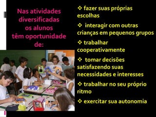  fazer suas próprias
  Nas atividades
                   escolhas
  diversificadas
    os alunos       interagir com outras
                   crianças em pequenos grupos
têm oportunidade
       de:          trabalhar
                   cooperativamente
                    tomar decisões
                   satisfazendo suas
                   necessidades e interesses
                    trabalhar no seu próprio
                   ritmo
                    exercitar sua autonomia
 