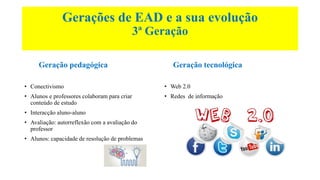 Gerações de EAD e a sua evolução
3ª Geração
Geração pedagógica
• Conectivismo
• Alunos e professores colaboram para criar
conteúdo de estudo
• Interacção aluno-aluno
• Avaliação: autorreflexão com a avaliação do
professor
• Alunos: capacidade de resolução de problemas
Geração tecnológica
• Web 2.0
• Redes de informação
 