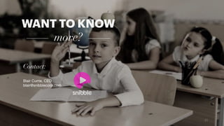 Snibble Investor Deck, November 2018
WANT TO KNOW
more?
Contact:
Blair Currie, CEO

blair@snibblecorp.com



23
 