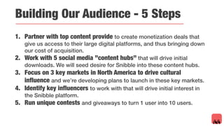 1. Partner with top content provide to create monetization deals that
give us access to their large digital platforms, and thus bringing down
our cost of acquisition.
2. Work with 5 social media ”content hubs” that will drive initial
downloads. We will seed desire for Snibble into these content hubs.
3. Focus on 3 key markets in North America to drive cultural
influence and we’re developing plans to launch in these key markets.
4. Identify key influencers to work with that will drive initial interest in
the Snibble platform.
5. Run unique contests and giveaways to turn 1 user into 10 users.
Building Our Audience - 5 Steps
 