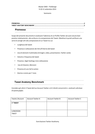 Master	
  SNID	
  –	
  PoliDesign	
  
9-­‐10-­‐11	
  settembre	
  2015	
  
Esercitazione	
  Twitter	
  Anathomy	
  
	
  
Sommario
PREMESSA.................................................................................................................................................................2	
  
TWEET ANATOMY BENCHMARK ............................................................................................................................2	
  
Premessa
Scopo	
  del	
  presente	
  documento	
  è	
  analizzare	
  l’aderenza	
  di	
  un	
  Profilo	
  Twitter	
  ad	
  usare	
  alcune	
  best	
  
practice	
  relativamente	
  	
  alla	
  scrittura	
  e	
  la	
  composizione	
  dei	
  Tweet.	
  Obiettivo	
  è	
  quindi	
  verificare	
  una	
  
serie	
  di	
  consigli	
  utili	
  alla	
  composizione	
  di	
  un	
  Tweet	
  tra	
  cui:	
  
• Lunghezza	
  del	
  tweet	
  
• Presenza	
  e	
  collocazione	
  dei	
  link	
  all’interno	
  del	
  tweet	
  
• Uso	
  di	
  elementi	
  multimedia	
  (immagini,	
  video,	
  presentazioni,	
  Twitter	
  cards)	
  
• Volume	
  e	
  frequenza	
  dei	
  tweet	
  
• Presenza	
  	
  degli	
  Hashtag	
  e	
  loro	
  collocazione	
  
• 	
  Uso	
  di	
  Citazioni,	
  Menzioni	
  	
  
• Presenza	
  di	
  una	
  Call	
  to	
  action	
  
• Giorno	
  e	
  orario	
  per	
  l’	
  invio	
  
	
  
Tweet Anatomy Benchmark
Considera	
  gli	
  ultimi	
  3	
  Tweet	
  del	
  tuo	
  Account	
  Twitter	
  e	
  di	
  2	
  diretti	
  concorrenti	
  e	
  	
  analizzali	
  sulla	
  base	
  
di	
  questa	
  griglia:	
  
	
  
Tweets	
  /Account	
   Account	
  Twitter	
  A	
   Account	
  Twitter	
  B	
   Account	
  Twitter	
  C	
  
1°	
  TWEET	
   	
  
	
  
	
   	
  
LUNGHEZZA	
  
TWEET	
  
	
   	
   	
  
 