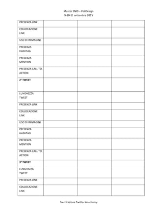 Master	
  SNID	
  –	
  PoliDesign	
  
9-­‐10-­‐11	
  settembre	
  2015	
  
Esercitazione	
  Twitter	
  Anathomy	
  
	
  
PRESENZA	
  LINK	
   	
   	
   	
  
COLLOCAZIONE	
  
LINK	
  
	
   	
   	
  
USO	
  DI	
  IMMAGINI	
   	
   	
   	
  
PRESENZA	
  
HASHTAG	
  
	
   	
   	
  
PRESENZA	
  
MENTION	
  
	
   	
   	
  
PRESENZA	
  CALL	
  TO	
  
ACTION	
  
	
   	
   	
  
2°	
  TWEET	
   	
  
	
  
	
   	
  
LUNGHEZZA	
  
TWEET	
  
	
   	
   	
  
PRESENZA	
  LINK	
   	
   	
   	
  
COLLOCAZIONE	
  
LINK	
  
	
   	
   	
  
USO	
  DI	
  IMMAGINI	
   	
   	
   	
  
PRESENZA	
  
HASHTAG	
  
	
   	
   	
  
PRESENZA	
  
MENTION	
  
	
   	
   	
  
PRESENZA	
  CALL	
  TO	
  
ACTION	
  
	
   	
   	
  
3°	
  TWEET	
   	
   	
   	
  
LUNGHEZZA	
  
TWEET	
  
	
   	
   	
  
PRESENZA	
  LINK	
   	
   	
   	
  
COLLOCAZIONE	
  
LINK	
  
	
   	
   	
  
 