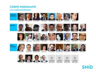 Corpo insegnante
www.snid.eu/snid-team

comitato
scientifico



              Venanzio Arquilla     marcello cividini      marisa galbiati       andrey golub      MATTEO INGARAMO     roberto liscia     marco maiocchi     umberto tolino




docenti




               andrea albanese      leonardo bellini       david casalini       luigi centenaro     bruno conte       lorenzo guerra        luigi gioni     giorgio marandola   roberto marmo




              maria grazia mattei   sabrina mossenta     cristina mussinelli     luca oliverio        ivana pais     alessandra proto     andrea rangone      marco ronchi      federico vidari




guest
lecturer



                emil abirascid        leandro agrò       maximiliano ardigò     teresa colombi     antonio deruda    alessandro ermolli    philip guarino    massimo melica     michela ornati




                massimo pettiti     pier carlo pozzati    simone riccetti      nicola trivellato   guest lecturer     guest lecturer      guest lecturer     guest lecturer
 