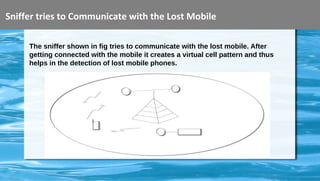 Sniffer tries to Communicate with the Lost Mobile
The sniffer shown in fig tries to communicate with the lost mobile. After
getting connected with the mobile it creates a virtual cell pattern and thus
helps in the detection of lost mobile phones.
 