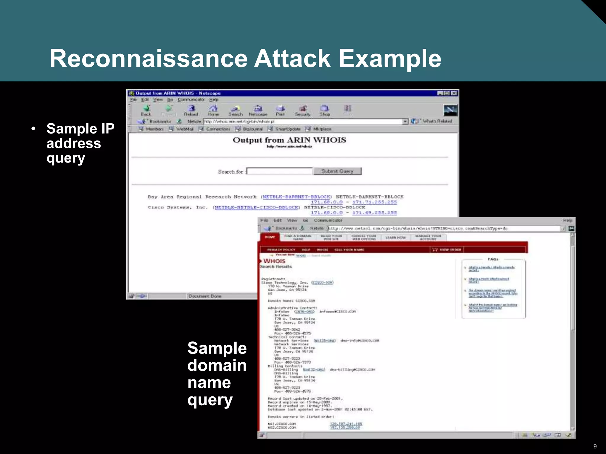 9
Reconnaissance Attack Example
Sample
domain
name
query
• Sample IP
address
query
 