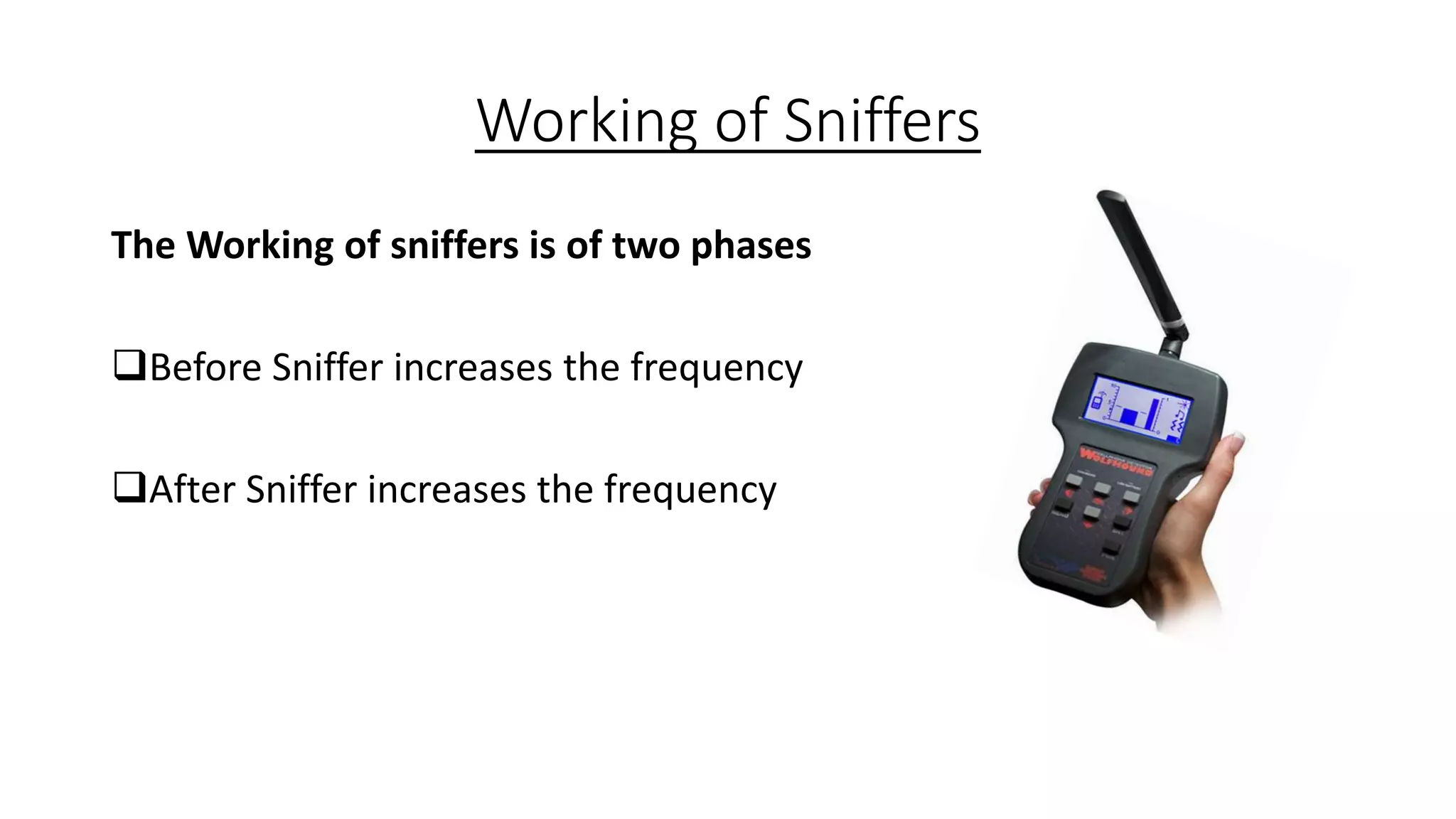 Working of Sniffers
The Working of sniffers is of two phases
Before Sniffer increases the frequency

After Sniffer increases the frequency

 