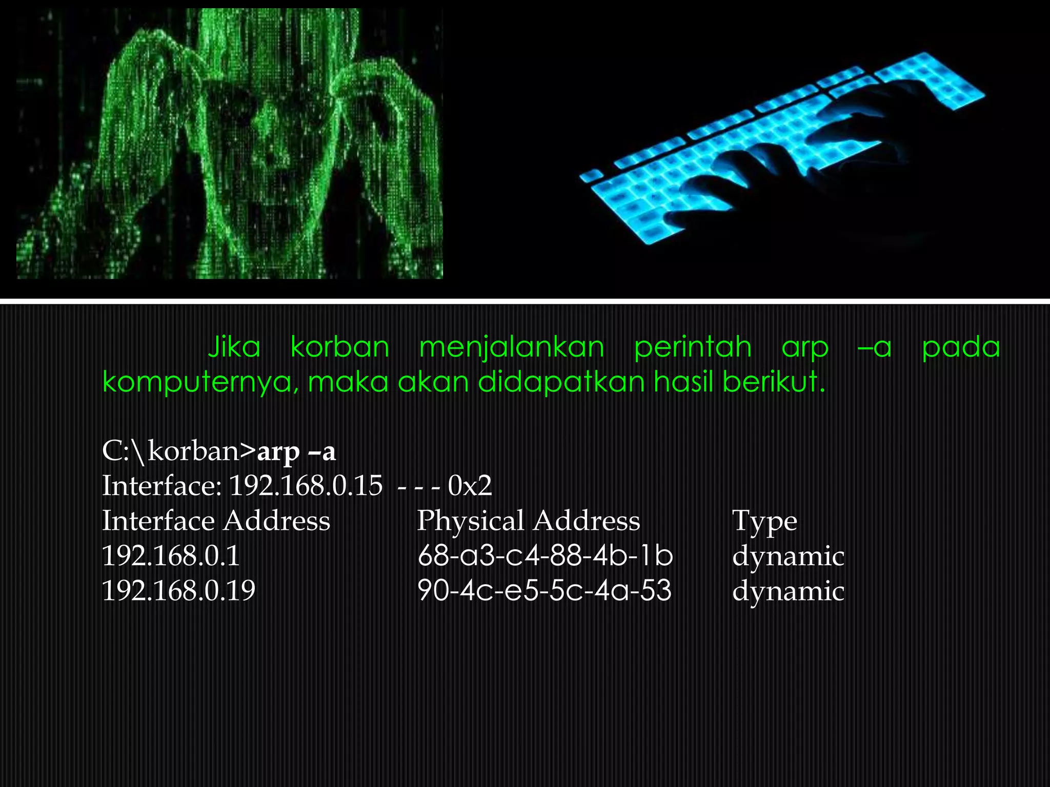 Jika korban menjalankan perintah arp –a pada
komputernya, maka akan didapatkan hasil berikut.
C:korban>arp –a
Interface: 192.168.0.15 - - - 0x2
Interface Address Physical Address Type
192.168.0.1 68-a3-c4-88-4b-1b dynamic
192.168.0.19 90-4c-e5-5c-4a-53 dynamic
 