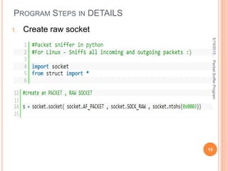 PROGRAM STEPS IN DETAILS
1. Create raw socket
5/19/2015
15
PacketSnifferProgram
 