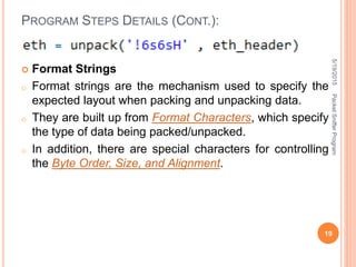  Format Strings
o Format strings are the mechanism used to specify the
expected layout when packing and unpacking data.
o They are built up from Format Characters, which specify
the type of data being packed/unpacked.
o In addition, there are special characters for controlling
the Byte Order, Size, and Alignment.
PROGRAM STEPS DETAILS (CONT.):
5/19/2015
19
PacketSnifferProgram
 