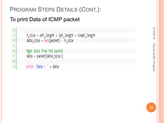 To print Data of ICMP packet
PROGRAM STEPS DETAILS (CONT.):
5/19/2015
33
PacketSnifferProgram
 