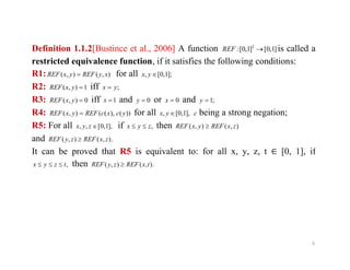 Definition 1.1.2[Bustince et al., 2006] A function ]1,0[]1,0[: 2
REF is called a
restricted equivalence function, if it satisfies the following conditions:
R1: ),(),( xyREFyxREF  for all ];1,0[, yx
R2: 1),( yxREF iff ;yx 
R3: 0),( yxREF iff 1x and 0y or 0x and ;1y
R4: ))(),((),( ycxcREFyxREF  for all ],1,0[, yx c being a strong negation;
R5: For all ],1,0[,, zyx if ,zyx  then ),(),( zxREFyxREF 
and
6
and .),(),( zxREFzyREF 
It can be proved that R5 is equivalent to: for all x, y, z, t [0, 1], if
,tzyx  then .),(),( txREFzyREF 
 