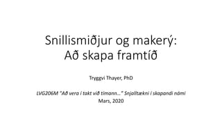 Snillismiðjur og makerý:
Að skapa framtíð
Tryggvi Thayer, PhD
LVG206M "Að vera í takt við tímann…” Snjalltækni í skapandi námi
Mars, 2020
 