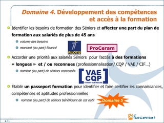 Domaine 4.  Développement des compétences et accès à la formation Identifier les besoins de formation des Séniors et  affecter une part du plan de formation aux salariés de plus de 45 ans   volume des besoins  montant (ou part) financé  Accorder une priorité aux salariés Séniors  pour l’accès  à des formations « longues »  et / ou reconnues  (professionnalisation/ CQP / VAE / CIF…)  nombre (ou part) de séniors concernés Etablir  un passeport formation  pour identifier et faire certifier les connaissances, compétences et aptitudes professionnelles nombre (ou part) de séniors bénéficiant de cet outil ProCeram Domaine 5 