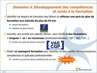 Domaine 4.  Développement des compétences et accès à la formation Identifier les besoins de formation des Séniors et  affecter une part du plan de formation aux salariés de plus de 45 ans   volume des besoins  montant (ou part) financé  Accorder une priorité aux salariés Séniors  pour l’accès  à des formations « longues »  et / ou reconnues  (professionnalisation/ CQP / VAE / CIF…)  nombre (ou part) de séniors concernés Etablir  un passeport formation  pour identifier et faire certifier les connaissances, compétences et aptitudes professionnelles nombre (ou part) de séniors bénéficiant de cet outil Domaine 5 