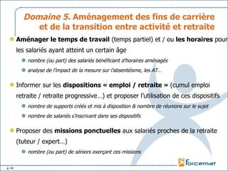Domaine 5.  Aménagement des fins de carrière et de la transition entre activité et retraite Aménager le temps de travail  (temps partiel) et / ou  les horaires  pour les salariés ayant atteint un certain âge  nombre (ou part) des salariés bénéficiant d’horaires aménagés analyse de l’impact de la mesure sur l’absentéisme, les AT… Informer sur les  dispositions « emploi / retraite »  (cumul emploi retraite / retraite progressive…) et proposer l’utilisation de ces dispositifs  nombre de supports créés et mis à disposition & nombre de réunions sur le sujet nombre de salariés s’inscrivant dans ses dispositifs Proposer des  missions ponctuelles  aux salariés proches de la retraite (tuteur / expert…)  nombre (ou part) de séniors exerçant ces missions 