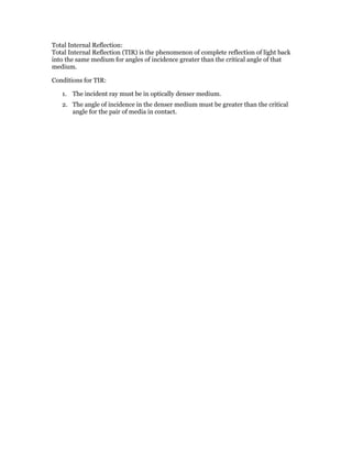 Understanding Total Internal Reflection and Its Conditions in Optics | DOCX