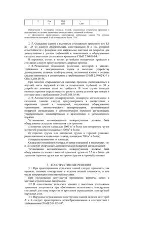 2 IVа
V
5200
2200
-
1200
-
-
Примечания 1. Суммарная площадь этажей, соединенных открытыми проемами в
перекрытиях, не должна превышать площади этажа, указанной в таблице.
2. Допускается проектировать одноэтажные мобильные здания IVа степени
огнестойкости категорий А и Б площадью не более 75 м2
.
2.17. Складские здания с высотным стеллажным хранением (от 5,5
до 25 м) следует проектировать одноэтажными II и IIIа степеней
огнестойкости с фонарями или вытяжными шахтами на покрытии для
дымоудаления с учетом требований к помещениям и оборудованию
складов с высотным стеллажным хранением СНиП 2.04.09-84.
В наружных стенах в местах устройства поперечных проходов в
стеллажах следует предусматривать дверные проемы.
2.18. Размещение помещений различных категорий в зданиях,
требования к эвакуационным путям и выходам, устройству
дымоудаления, шлюзов, тамбур-шлюзов, лестничных клеток и лестниц
следует принимать в соответствии с требованиями СНиП 2.09.02-85* и
СНиП 2.04.05-86.
При наличии открывающихся оконных проемов, расположенных в
верхней части наружной стены, в помещениях глубиной до 30 м
устройство дымовых шахт не требуется. В этом случае площадь
оконных проемов определяется по расчету дымоудаления при пожаре в
соответствии с требованиями СНиП 2.04.05-86.
2.19. Автоматические пожаротушение, пожарную сигнализацию в
складских зданиях следует предусматривать в соответствии с
перечнями зданий и помещений, подлежащих оборудованию
установками автоматического пожаротушения, автоматической
пожарной сигнализации и автоматической охранной сигнализации,
утвержденными министерствами и ведомствами в установленном
порядке.
Установками автоматического пожаротушения должны быть
оборудованы складские помещения для хранения:
а) горючих грузов площадью 1000 м2
и более или негорючих грузов
в горючей упаковке площадью 1500 м2
и более;
б) горючих грузов или негорючих грузов в горючей упаковке,
расположенные в подвальных этажах, площадью 700 м2
и более;
в) шерсти независимо от площади.
Складские помещения площадью менее указанной в подпунктах «а»
и «б» следует оборудовать автоматической пожарной сигнализацией.
Установками автоматического пожаротушения должны быть
оборудованы стеллажи с высотой хранения грузов от 5,5 м и более для
хранения горючих грузов или негорючих грузов в горючей упаковке.
3. КОНСТРУКТИВНЫЕ РЕШЕНИЯ
3.1. При проектировании складских зданий следует применять, как
правило, типовые конструкции и изделия полной готовности, в том
числе конструкции комплектной поставки.
При обосновании допускается применение кирпича, камня и
местных строительных материалов.
3.2. В одноэтажных складских зданиях с высотным стеллажным
хранением допускается при обосновании использовать конструкции
стеллажей для опор покрытия и крепления ограждающих конструкций
наружных стен.
3.3. Наружные ограждающие конструкции зданий складов категорий
А и Б следует проектировать легкосбрасываемыми в соответствии с
требованиями СНиП 2.09.02.-85*.
 