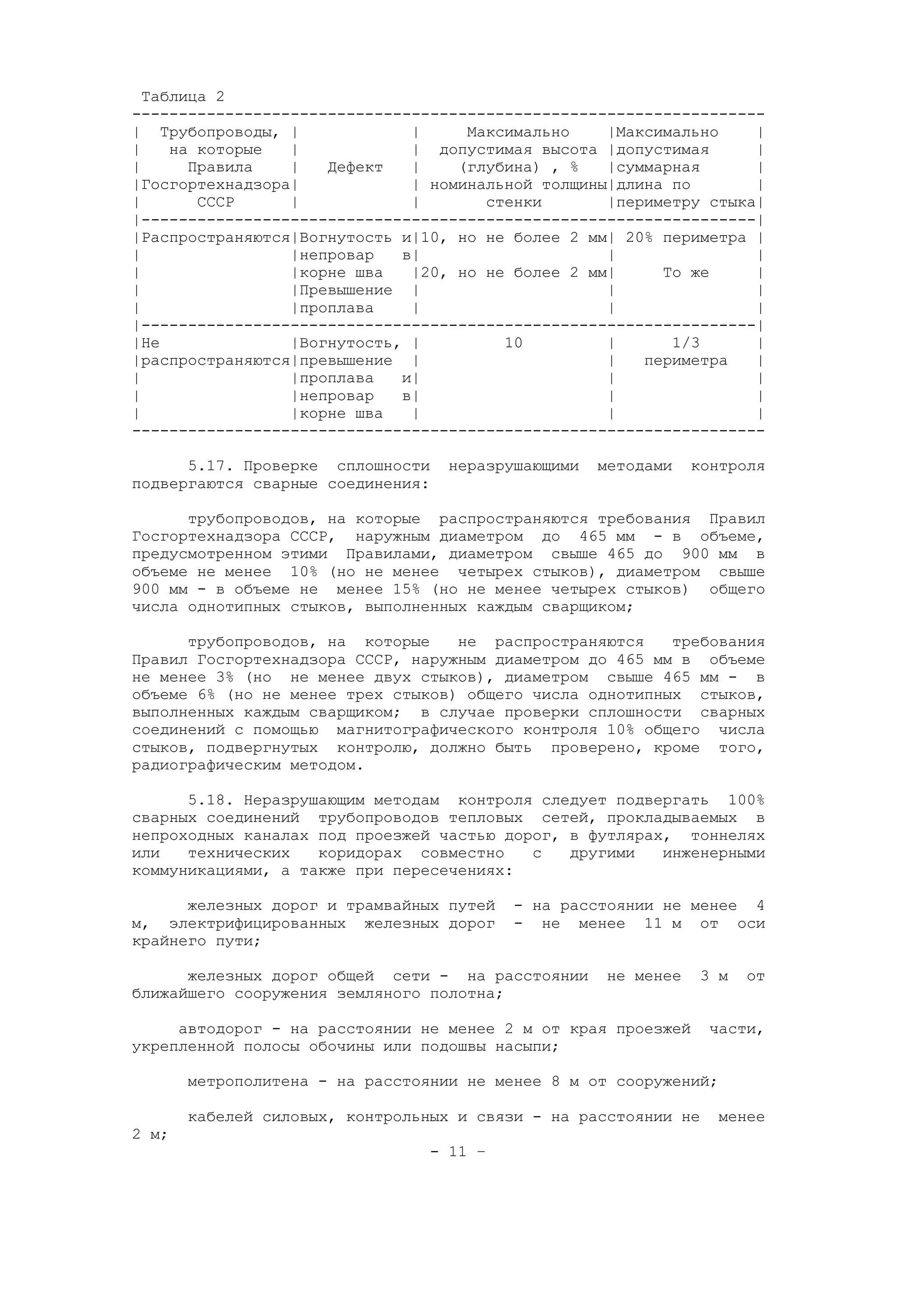 Таблица 2
--------------------------------------------------------------------
| Трубопроводы, | | Максимально |Максимально |
| на которые | | допустимая высота |допустимая |
| Правила | Дефект | (глубина) , % |суммарная |
|Госгортехнадзора| | номинальной толщины|длина по |
| СССР | | стенки |периметру стыка|
|------------------------------------------------------------------|
|Распространяются|Вогнутость и|10, но не более 2 мм| 20% периметра |
| |непровар в| | |
| |корне шва |20, но не более 2 мм| То же |
| |Превышение | | |
| |проплава | | |
|------------------------------------------------------------------|
|Не |Вогнутость, | 10 | 1/3 |
|распространяются|превышение | | периметра |
| |проплава и| | |
| |непровар в| | |
| |корне шва | | |
--------------------------------------------------------------------
5.17. Проверке сплошности неразрушающими методами контроля
подвергаются сварные соединения:
трубопроводов, на которые распространяются требования Правил
Госгортехнадзора СССР, наружным диаметром до 465 мм - в объеме,
предусмотренном этими Правилами, диаметром свыше 465 до 900 мм в
объеме не менее 10% (но не менее четырех стыков), диаметром свыше
900 мм - в объеме не менее 15% (но не менее четырех стыков) общего
числа однотипных стыков, выполненных каждым сварщиком;
трубопроводов, на которые не распространяются требования
Правил Госгортехнадзора СССР, наружным диаметром до 465 мм в объеме
не менее 3% (но не менее двух стыков), диаметром свыше 465 мм - в
объеме 6% (но не менее трех стыков) общего числа однотипных стыков,
выполненных каждым сварщиком; в случае проверки сплошности сварных
соединений с помощью магнитографического контроля 10% общего числа
стыков, подвергнутых контролю, должно быть проверено, кроме того,
радиографическим методом.
5.18. Неразрушающим методам контроля следует подвергать 100%
сварных соединений трубопроводов тепловых сетей, прокладываемых в
непроходных каналах под проезжей частью дорог, в футлярах, тоннелях
или технических коридорах совместно с другими инженерными
коммуникациями, а также при пересечениях:
железных дорог и трамвайных путей - на расстоянии не менее 4
м, электрифицированных железных дорог - не менее 11 м от оси
крайнего пути;
железных дорог общей сети - на расстоянии не менее 3 м от
ближайшего сооружения земляного полотна;
автодорог - на расстоянии не менее 2 м от края проезжей части,
укрепленной полосы обочины или подошвы насыпи;
метрополитена - на расстоянии не менее 8 м от сооружений;
кабелей силовых, контрольных и связи - на расстоянии не менее
2 м;
- 11 –
 