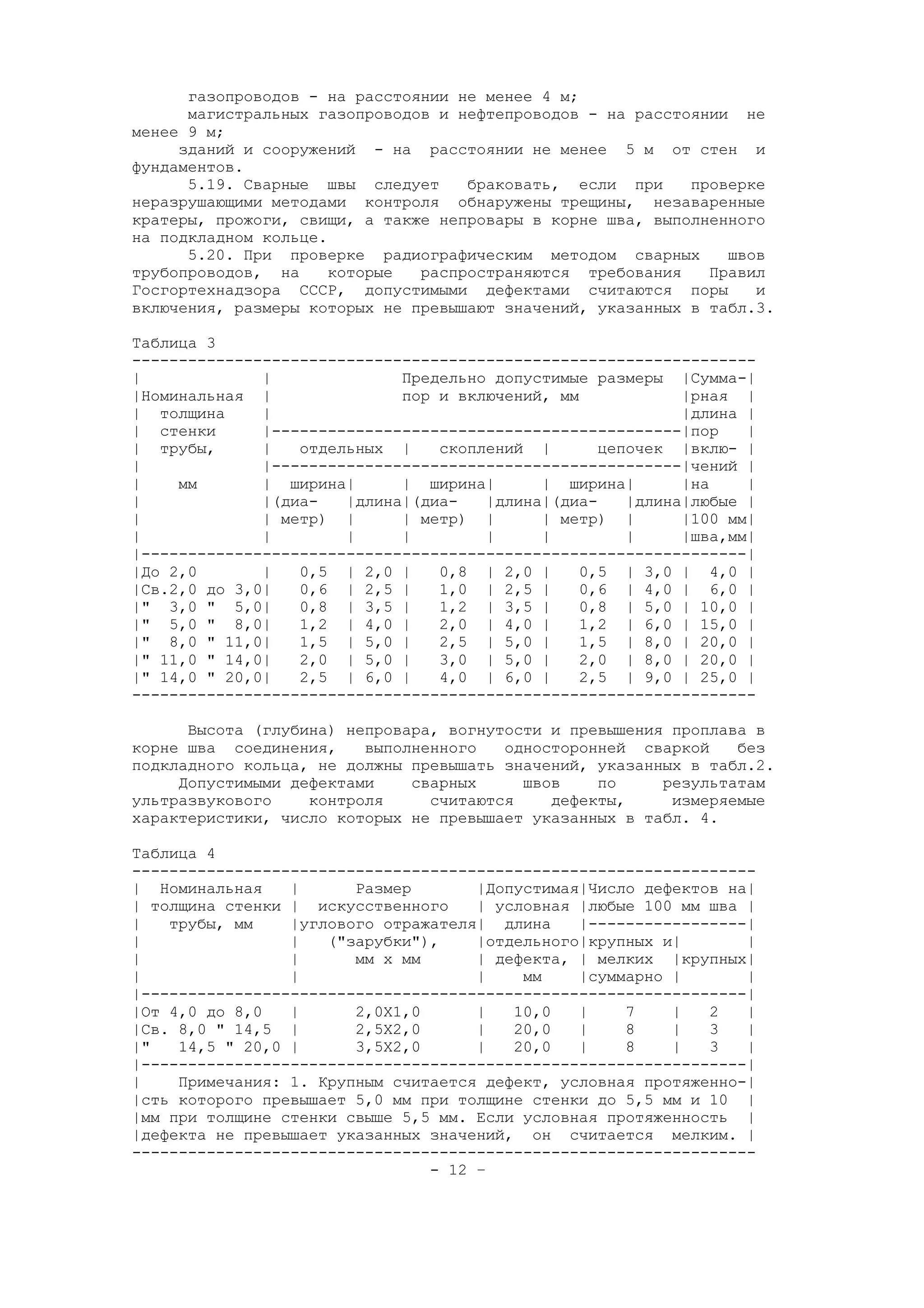 газопроводов - на расстоянии не менее 4 м;
магистральных газопроводов и нефтепроводов - на расстоянии не
менее 9 м;
зданий и сооружений - на расстоянии не менее 5 м от стен и
фундаментов.
5.19. Сварные швы следует браковать, если при проверке
неразрушающими методами контроля обнаружены трещины, незаваренные
кратеры, прожоги, свищи, а также непровары в корне шва, выполненного
на подкладном кольце.
5.20. При проверке радиографическим методом сварных швов
трубопроводов, на которые распространяются требования Правил
Госгортехнадзора СССР, допустимыми дефектами считаются поры и
включения, размеры которых не превышают значений, указанных в табл.3.
Таблица 3
-------------------------------------------------------------------
| | Предельно допустимые размеры |Сумма-|
|Номинальная | пор и включений, мм |рная |
| толщина | |длина |
| стенки |--------------------------------------------|пор |
| трубы, | отдельных | скоплений | цепочек |вклю- |
| |--------------------------------------------|чений |
| мм | ширина| | ширина| | ширина| |на |
| |(диа- |длина|(диа- |длина|(диа- |длина|любые |
| | метр) | | метр) | | метр) | |100 мм|
| | | | | | | |шва,мм|
|-----------------------------------------------------------------|
|До 2,0 | 0,5 | 2,0 | 0,8 | 2,0 | 0,5 | 3,0 | 4,0 |
|Св.2,0 до 3,0| 0,6 | 2,5 | 1,0 | 2,5 | 0,6 | 4,0 | 6,0 |
|" 3,0 " 5,0| 0,8 | 3,5 | 1,2 | 3,5 | 0,8 | 5,0 | 10,0 |
|" 5,0 " 8,0| 1,2 | 4,0 | 2,0 | 4,0 | 1,2 | 6,0 | 15,0 |
|" 8,0 " 11,0| 1,5 | 5,0 | 2,5 | 5,0 | 1,5 | 8,0 | 20,0 |
|" 11,0 " 14,0| 2,0 | 5,0 | 3,0 | 5,0 | 2,0 | 8,0 | 20,0 |
|" 14,0 " 20,0| 2,5 | 6,0 | 4,0 | 6,0 | 2,5 | 9,0 | 25,0 |
-------------------------------------------------------------------
Высота (глубина) непровара, вогнутости и превышения проплава в
корне шва соединения, выполненного односторонней сваркой без
подкладного кольца, не должны превышать значений, указанных в табл.2.
Допустимыми дефектами сварных швов по результатам
ультразвукового контроля считаются дефекты, измеряемые
характеристики, число которых не превышает указанных в табл. 4.
Таблица 4
-------------------------------------------------------------------
| Номинальная | Размер |Допустимая|Число дефектов на|
| толщина стенки | искусственного | условная |любые 100 мм шва |
| трубы, мм |углового отражателя| длина |-----------------|
| | ("зарубки"), |отдельного|крупных и| |
| | мм х мм | дефекта, | мелких |крупных|
| | | мм |суммарно | |
|-----------------------------------------------------------------|
|От 4,0 до 8,0 | 2,0Х1,0 | 10,0 | 7 | 2 |
|Св. 8,0 " 14,5 | 2,5Х2,0 | 20,0 | 8 | 3 |
|" 14,5 " 20,0 | 3,5Х2,0 | 20,0 | 8 | 3 |
|-----------------------------------------------------------------|
| Примечания: 1. Крупным считается дефект, условная протяженно-|
|сть которого превышает 5,0 мм при толщине стенки до 5,5 мм и 10 |
|мм при толщине стенки свыше 5,5 мм. Если условная протяженность |
|дефекта не превышает указанных значений, он считается мелким. |
-------------------------------------------------------------------
- 12 –
 