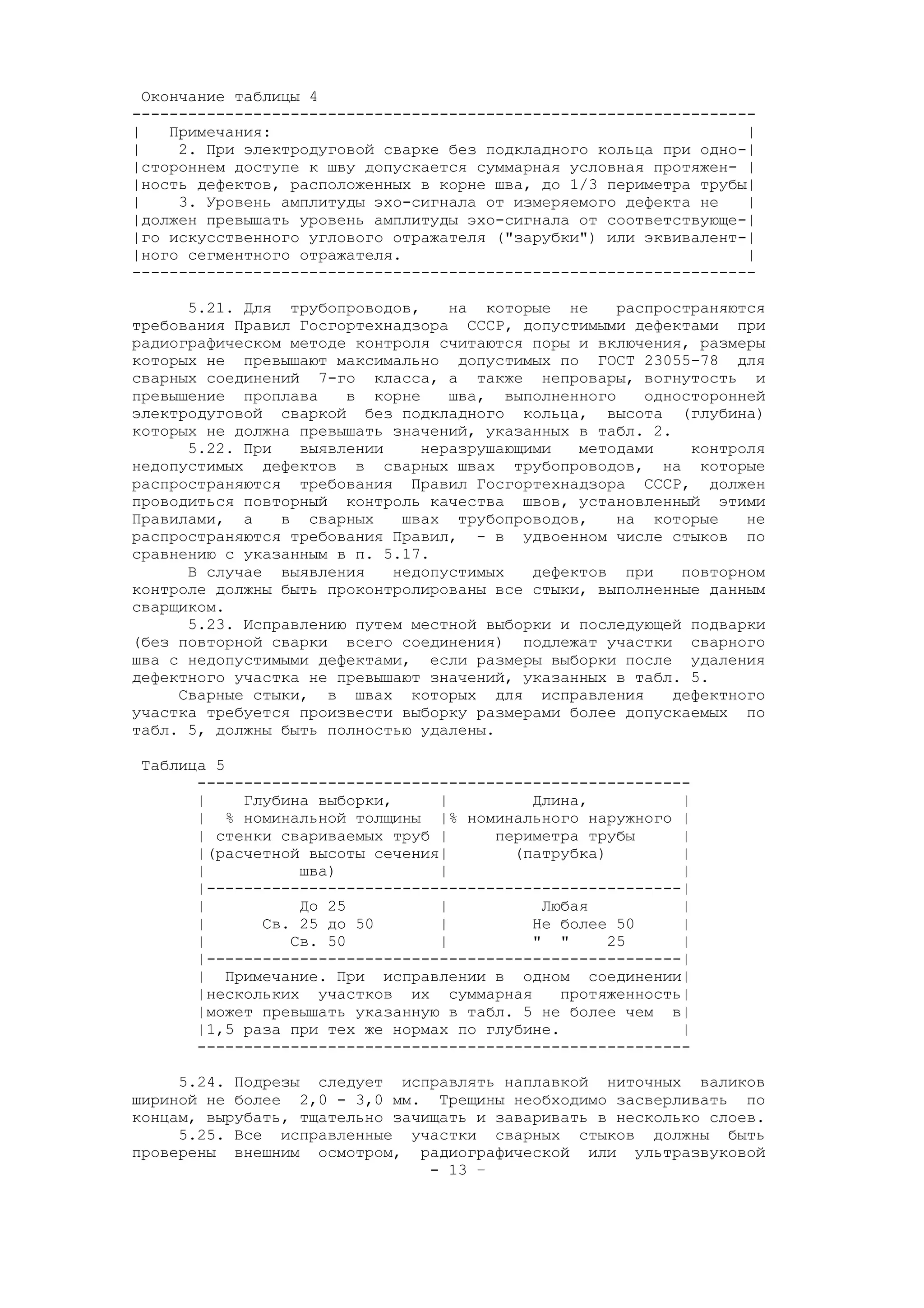 Окончание таблицы 4
-------------------------------------------------------------------
| Примечания: |
| 2. При электродуговой сварке без подкладного кольца при одно-|
|стороннем доступе к шву допускается суммарная условная протяжен- |
|ность дефектов, расположенных в корне шва, до 1/3 периметра трубы|
| 3. Уровень амплитуды эхо-сигнала от измеряемого дефекта не |
|должен превышать уровень амплитуды эхо-сигнала от соответствующе-|
|го искусственного углового отражателя ("зарубки") или эквивалент-|
|ного сегментного отражателя. |
-------------------------------------------------------------------
5.21. Для трубопроводов, на которые не распространяются
требования Правил Госгортехнадзора СССР, допустимыми дефектами при
радиографическом методе контроля считаются поры и включения, размеры
которых не превышают максимально допустимых по ГОСТ 23055-78 для
сварных соединений 7-го класса, а также непровары, вогнутость и
превышение проплава в корне шва, выполненного односторонней
электродуговой сваркой без подкладного кольца, высота (глубина)
которых не должна превышать значений, указанных в табл. 2.
5.22. При выявлении неразрушающими методами контроля
недопустимых дефектов в сварных швах трубопроводов, на которые
распространяются требования Правил Госгортехнадзора СССР, должен
проводиться повторный контроль качества швов, установленный этими
Правилами, а в сварных швах трубопроводов, на которые не
распространяются требования Правил, - в удвоенном числе стыков по
сравнению с указанным в п. 5.17.
В случае выявления недопустимых дефектов при повторном
контроле должны быть проконтролированы все стыки, выполненные данным
сварщиком.
5.23. Исправлению путем местной выборки и последующей подварки
(без повторной сварки всего соединения) подлежат участки сварного
шва с недопустимыми дефектами, если размеры выборки после удаления
дефектного участка не превышают значений, указанных в табл. 5.
Сварные стыки, в швах которых для исправления дефектного
участка требуется произвести выборку размерами более допускаемых по
табл. 5, должны быть полностью удалены.
Таблица 5
-----------------------------------------------------
| Глубина выборки, | Длина, |
| % номинальной толщины |% номинального наружного |
| стенки свариваемых труб | периметра трубы |
|(расчетной высоты сечения| (патрубка) |
| шва) | |
|---------------------------------------------------|
| До 25 | Любая |
| Св. 25 до 50 | Не более 50 |
| Св. 50 | " " 25 |
|---------------------------------------------------|
| Примечание. При исправлении в одном соединении|
|нескольких участков их суммарная протяженность|
|может превышать указанную в табл. 5 не более чем в|
|1,5 раза при тех же нормах по глубине. |
-----------------------------------------------------
5.24. Подрезы следует исправлять наплавкой ниточных валиков
шириной не более 2,0 - 3,0 мм. Трещины необходимо засверливать по
концам, вырубать, тщательно зачищать и заваривать в несколько слоев.
5.25. Все исправленные участки сварных стыков должны быть
проверены внешним осмотром, радиографической или ультразвуковой
- 13 –
 