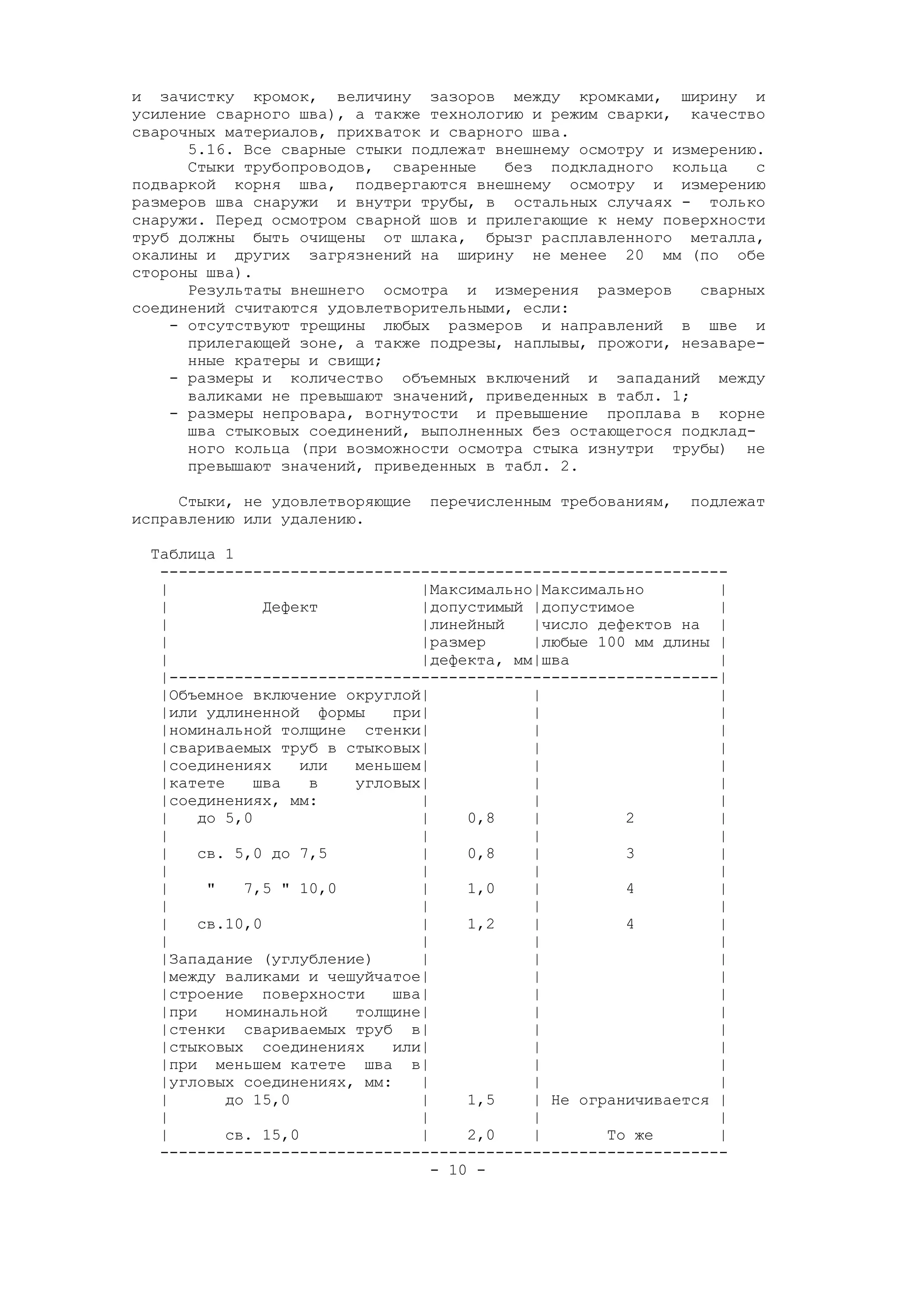 и зачистку кромок, величину зазоров между кромками, ширину и
усиление сварного шва), а также технологию и режим сварки, качество
сварочных материалов, прихваток и сварного шва.
5.16. Все сварные стыки подлежат внешнему осмотру и измерению.
Стыки трубопроводов, сваренные без подкладного кольца с
подваркой корня шва, подвергаются внешнему осмотру и измерению
размеров шва снаружи и внутри трубы, в остальных случаях - только
снаружи. Перед осмотром сварной шов и прилегающие к нему поверхности
труб должны быть очищены от шлака, брызг расплавленного металла,
окалины и других загрязнений на ширину не менее 20 мм (по обе
стороны шва).
Результаты внешнего осмотра и измерения размеров сварных
соединений считаются удовлетворительными, если:
- отсутствуют трещины любых размеров и направлений в шве и
прилегающей зоне, а также подрезы, наплывы, прожоги, незаваре-
нные кратеры и свищи;
- размеры и количество объемных включений и западаний между
валиками не превышают значений, приведенных в табл. 1;
- размеры непровара, вогнутости и превышение проплава в корне
шва стыковых соединений, выполненных без остающегося подклад-
ного кольца (при возможности осмотра стыка изнутри трубы) не
превышают значений, приведенных в табл. 2.
Стыки, не удовлетворяющие перечисленным требованиям, подлежат
исправлению или удалению.
Таблица 1
-------------------------------------------------------------
| |Максимально|Максимально |
| Дефект |допустимый |допустимое |
| |линейный |число дефектов на |
| |размер |любые 100 мм длины |
| |дефекта, мм|шва |
|-----------------------------------------------------------|
|Объемное включение округлой| | |
|или удлиненной формы при| | |
|номинальной толщине стенки| | |
|свариваемых труб в стыковых| | |
|соединениях или меньшем| | |
|катете шва в угловых| | |
|соединениях, мм: | | |
| до 5,0 | 0,8 | 2 |
| | | |
| св. 5,0 до 7,5 | 0,8 | 3 |
| | | |
| " 7,5 " 10,0 | 1,0 | 4 |
| | | |
| св.10,0 | 1,2 | 4 |
| | | |
|Западание (углубление) | | |
|между валиками и чешуйчатое| | |
|строение поверхности шва| | |
|при номинальной толщине| | |
|стенки свариваемых труб в| | |
|стыковых соединениях или| | |
|при меньшем катете шва в| | |
|угловых соединениях, мм: | | |
| до 15,0 | 1,5 | Не ограничивается |
| | | |
| св. 15,0 | 2,0 | То же |
-------------------------------------------------------------
- 10 -
 