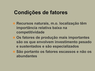 Condições de fatores
 Recursos naturais, m.o. localização têm
  importância relativa baixa na
  competitividade
 Os fato...
