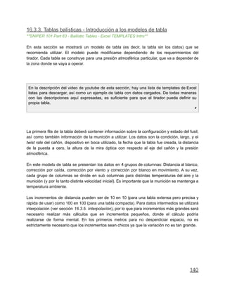 16.3.3. Tablas balísticas - Introducción a los modelos de tabla
**SNIPER 101 Part 63 - Ballistic Tables - Excel TEMPLATES Intro**
En esta sección se mostrará un modelo de tabla (es decir, la tabla sin los datos) que se
recomienda utilizar. El modelo puede modificarse dependiendo de los requerimientos del
tirador. Cada tabla se construye para una presión atmosférica particular, que va a depender de
la zona donde se vaya a operar.
En la descripción del video de youtube de esta sección, hay una lista de templates de Excel
listas para descargar, así como un ejemplo de tabla con datos cargados. De todas maneras
con las descripciones aquí expresadas, es suficiente para que el tirador pueda definir su
propia tabla.
◢
La primera fila de la tabla deberá contener información sobre la configuración y estado del fusil,
así como también información de la munición a utilizar. Los datos son la condición, largo, y el
twist rate del cañón, dispositivo en boca utilizado, la fecha que la tabla fue creada, la distancia
de la puesta a cero, la altura de la mira óptica con respecto al eje del cañón y la presión
atmosférica.
En este modelo de tabla se presentan los datos en 4 grupos de columnas: Distancia al blanco,
corrección por caída, corrección por viento y corrección por blanco en movimiento. A su vez,
cada grupo de columnas se divide en sub columnas para distintas temperaturas del aire y la
munición (y por lo tanto distinta velocidad inicial). Es importante que la munición se mantenga a
temperatura ambiente.
Los incrementos de distancia pueden ser de 10 en 10 (para una tabla extensa pero precisa y
rápida de usar) como 100 en 100 (para una tabla compacta). Para datos intermedios se utilizará
interpolación (ver sección 16.3.5. Interpolación), por lo que para incrementos más grandes será
necesario realizar más cálculos que en incrementos pequeños, donde el cálculo podría
realizarse de forma mental. En los primeros metros para no desperdiciar espacio, no es
estrictamente necesario que los incrementos sean chicos ya que la variación no es tan grande.
140
 