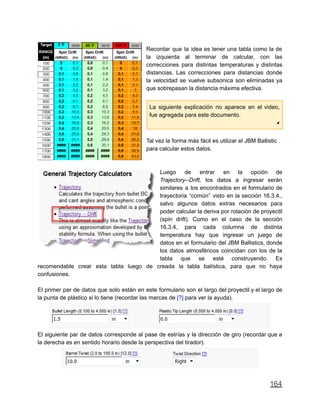 Recordar que la idea es tener una tabla como la de
la izquierda al terminar de calcular, con las
correcciones para distintas temperaturas y distintas
distancias. Las correcciones para distancias donde
la velocidad se vuelve subsonica son eliminadas ya
que sobrepasan la distancia máxima efectiva.
La siguiente explicación no aparece en el video,
fue agregada para este documento.
◢
Tal vez la forma más fácil es utilizar el JBM Ballistic
para calcular estos datos.
Luego de entrar en la opción de
Trajectory--Drift, los datos a ingresar serán
similares a los encontrados en el formulario de
trayectoria “común” visto en la sección 16.3.4.,
salvo algunos datos extras necesarios para
poder calcular la deriva por rotación de proyectil
(spin drift). Como en el caso de la sección
16.3.4, para cada columna de distinta
temperatura hay que ingresar un juego de
datos en el formulario del JBM Ballistics, donde
los datos atmosféricos coincidan con los de la
tabla que se esté construyendo. Es
recomendable crear esta tabla luego de creada la tabla balística, para que no haya
confusiones.
El primer par de datos que solo están en este formulario son el largo del proyectil y el largo de
la punta de plástico si lo tiene (recordar las marcas de [?] para ver la ayuda).
El siguiente par de datos corresponde al pase de estrías y la dirección de giro (recordar que a
la derecha es en sentido horario desde la perspectiva del tirador).
164
 