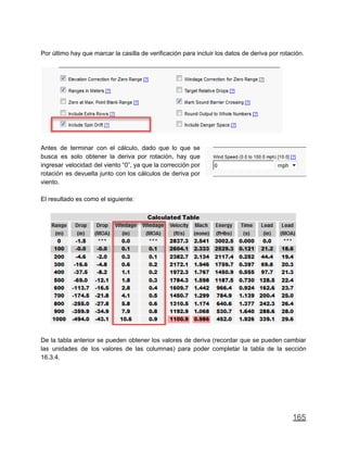 Por último hay que marcar la casilla de verificación para incluir los datos de deriva por rotación.
Antes de terminar con el cálculo, dado que lo que se
busca es solo obtener la deriva por rotación, hay que
ingresar velocidad del viento “0”, ya que la corrección por
rotación es devuelta junto con los cálculos de deriva por
viento.
El resultado es como el siguiente:
De la tabla anterior se pueden obtener los valores de deriva (recordar que se pueden cambiar
las unidades de los valores de las columnas) para poder completar la tabla de la sección
16.3.4.
165
 