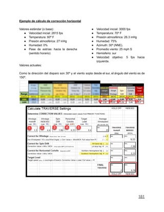 Ejemplo de cálculo de corrección horizontal
Valores estándar (o base):
● Velocidad inicial: 2815 fps
● Temperatura: 60º F
● Presión atmosférica: 27 inHg
● Humedad: 0%
● Pase de estrías: hacia la derecha
(sentido horario)
Valores actuales:
● Velocidad inicial: 3000 fps
● Temperatura: 70º F
● Presión atmosférica: 26.3 inHg
● Humedad: 75%
● Azimuth: 30º (NNE).
● Promedio viento: 25 mph S
● Hemisferio: sur
● Velocidad objetivo: 5 fps hacia
izquierda.
Como la dirección del disparo son 30º y el viento sopla desde el sur, el ángulo del viento es de
150º.
181
 