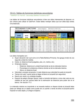16.5.3. Tablas de funciones balísticas secundarias
**SNIPER 101 Part 80 - Secondary Ballistic Functions HD**
Las tablas de funciones balísticas secundarias si bien son datos interesantes de disponer, no
son críticos para utilizar el CalcForm. Estas tablas manejan datos que son útiles bajo ciertas
circunstancias.
Los datos manejados son:
● Super elevación (tal cual como en la Tabla Balística Primaria). Se agrega el dato de una
segunda unidad de medida.
● Caída: en distancia lineal (pulgadas, pies, cm, metros, etc).
● Ordenada máxima:
○ Distancia: distancia en unidad lineal donde se da la ordenada máxima
○ Porcentaje en la distancia al blanco donde se da la ordenada máxima.
○ Altura: en distancia lineal
● Velocidad y energía remanente. A cada distancia que velocidad le queda al proyectil.
● Tiempo de vuelo: cuanto tarda en llegar al blanco el proyectil (en segundos).
● Desvío por viento: en unidades lineales
● Espacio de peligro (Danger Space): dado un tamaño del blanco o zona vital, esto es una
medida de que tan precisa debe ser la estimación de distancia para poder dar en el
blanco. Ver sección 17.3.
La ordenada máxima es importante si se necesita realizar un disparo donde el proyectil deba
pasar por debajo de un objeto como puede ser un puente o ramas de árbol; el proyectil podría
impactar en este objeto y no llegar al objetivo.
186
 