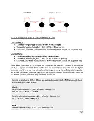17.4.3. Fórmulas para el cálculo de distancias
Usando MRADs:
● Tamaño del objetivo (Z) x 1000 / MRADs = Distancia (Z)
● Tamaño del objetivo (pulgadas) x 25.4 / MRADs = Distancia (m)
● La unidad Z puede ser cualquier unidad de medida (metros, yardas, cm, pulgadas, etc)
Usando MOAs:
● Tamaño del objetivo (Z) x 3438 / MOAs = Distancia (Z)
● Tamaño del objetivo (pulgadas) x 95.5 / MOAs = Distancia (yardas)
● La unidad Z puede ser cualquier unidad de medida (metros, yardas, cm, pulgadas, etc)
Para poder determinar correctamente las distancias, es necesario conocer el tamaño del
objetivo u objetos próximos. Para facilitar esto es recomendado tener una lista de objetos
comunes en el área y sus respectivos tamaños (largo, ancho y altura). Estos objetos pueden
ser armas, vehículos o partes de los mismos (por ejemplo ruedas), construcciones o partes de
las mismas (puertas, ventanas, etc), columnas, postes, etc.
Ejemplo de objetivo de 0.35 m (35 cm) que a cierta distancia mide 8.4 MOAs que equivalen a
aproximadamente 2.442 MRADs:
MRAD:
Tamaño del objetivo (m) x 1000 / MRADs = Distancia (m)
=> 0.35*1000 / 2.442 = 143,325 m
Tamaño del objetivo (pulgadas) x 25.4 / MRADs = Distancia (m)
=> 13.78 * 25.4 / 2.442 = 143,330 m
MOA:
Tamaño del objetivo (m) x 3438 / MOAs = Distancia (m)
196
 