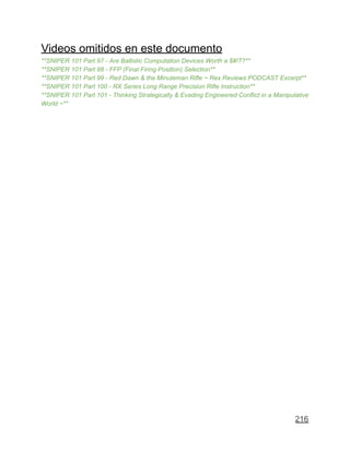 Videos omitidos en este documento
**SNIPER 101 Part 97 - Are Ballistic Computation Devices Worth a $#!T?**
**SNIPER 101 Part 98 - FFP (Final Firing Position) Selection**
**SNIPER 101 Part 99 - Red Dawn & the Minuteman Rifle ~ Rex Reviews PODCAST Excerpt**
**SNIPER 101 Part 100 - RX Series Long Range Precision Rifle Instruction**
**SNIPER 101 Part 101 - Thinking Strategically & Evading Engineered Conflict in a Manipulative
World ~**
216
 